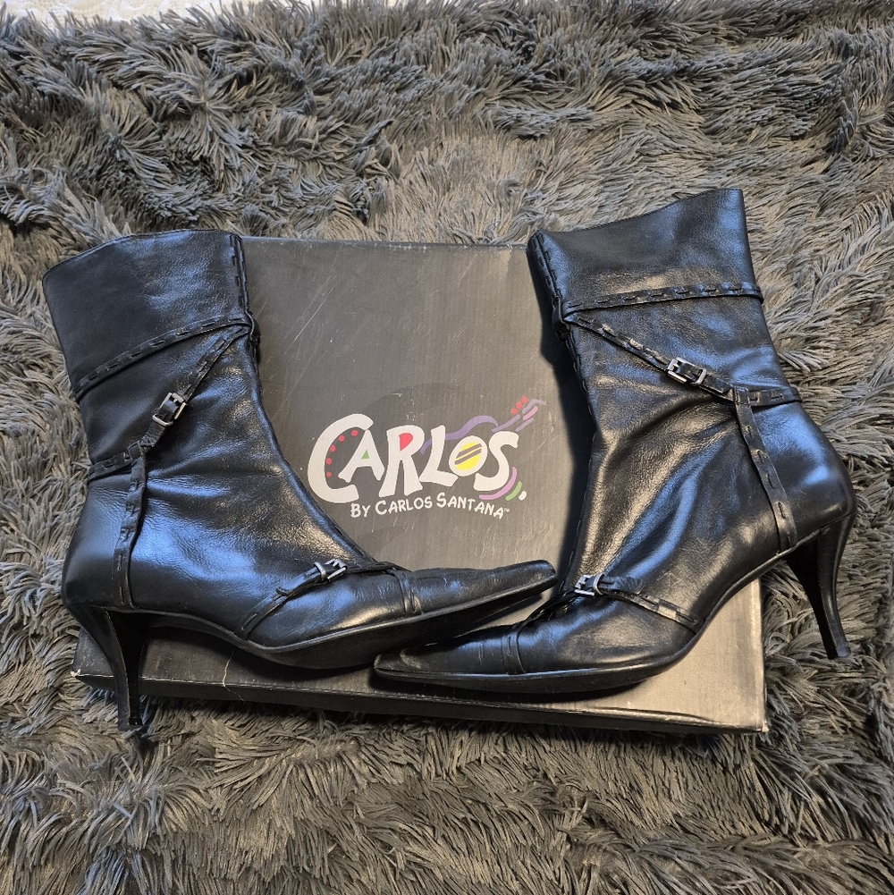 Carlos Santana Black Leather Strappy Pointed Toe Heel "Trail" Boots Size 7.5 M - Picture 2 of 4